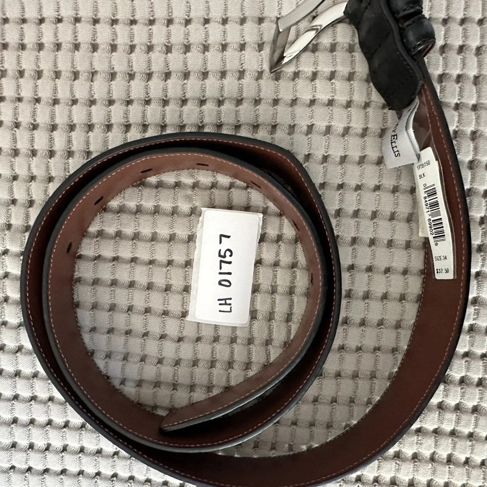 Perry Ellis Mens Dress Belt Size 34 Black Genuine Leather Silver Buckle